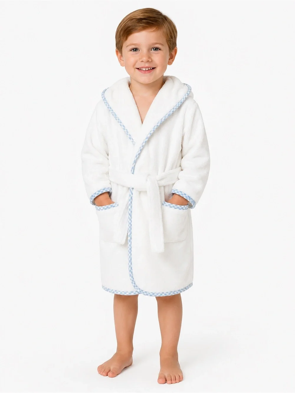 Lil Weezie Kids Hooded Terry Bathrobe 3-4Y White Blue Gingham Cotton